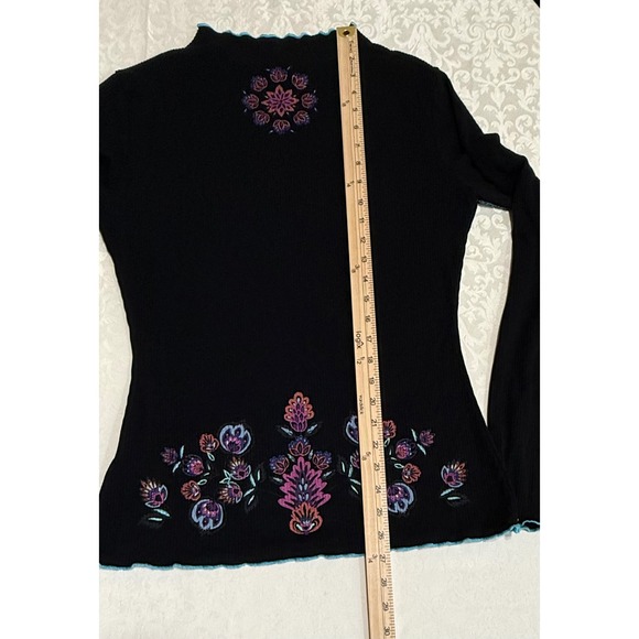 Desigual Black Ribbed Mock Neck Long Sleeve Floral Women's Top Size L Artsy - Picture 7 of 11